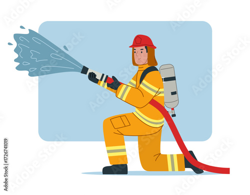 Firefighter in Full Protective Uniform and Helmet, kneeling while spraying water with fire hose to extinguish fire