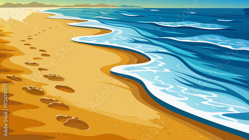 Bare footprints along wet sandy beach, gentle waves nearing, soft impressions fading slowly, silent connection with ocean, traces of journey captured on golden shore.