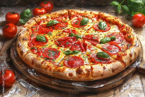 Dessin de pizza, basilic, tomate, mozzarella, recette italienne, façon aquarelle, crayon.