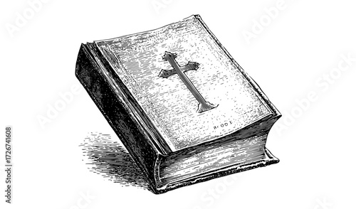 a vintage engraving of an open book with a cross on the coverbible, blanket, book, cross, drawing, illustration, ink, key, open, stack 