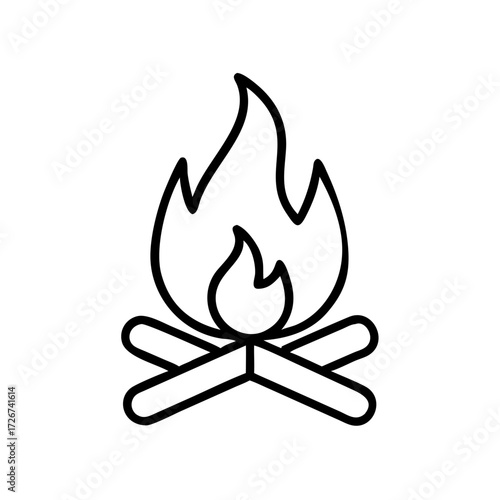 Campfire with flames and wooden logs in outdoor setting  