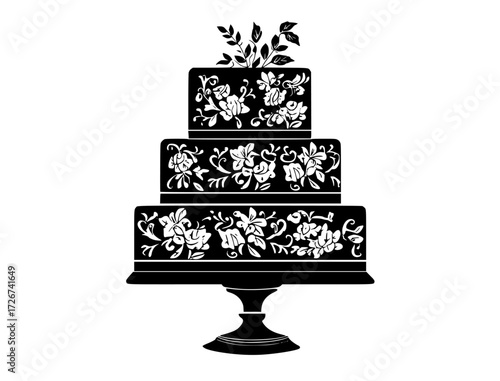 a black and white illustration of a wedding cake with floral patternsblack, cake, decorate, design, flower, footstall, illustration, profile, stand, style, wedding cake, white 