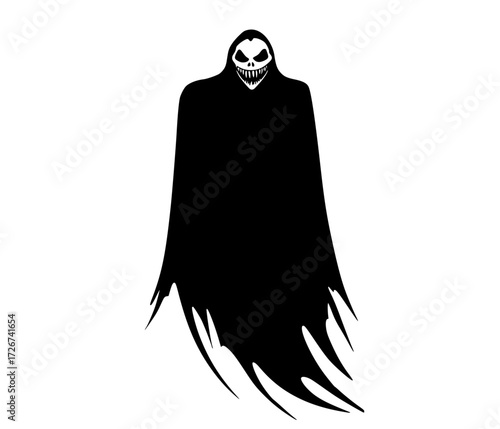 a black and white silhouette of a menacing figure with a hooded cloakblack, cape, cloak, death, ghost, hair, halloween, harvester, illustration, man, profile, robe, vampire, witch 