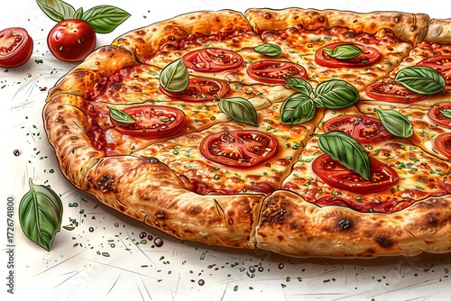 Dessin de pizza, basilic, tomate, mozzarella, recette italienne, façon aquarelle, crayon.