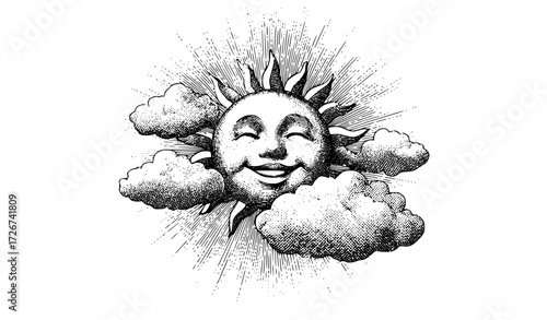 a whimsical drawing of a smiling sun surrounded by fluffy cloudscloud, cloudy, drawing, face, illustration, sky, smile, sun 