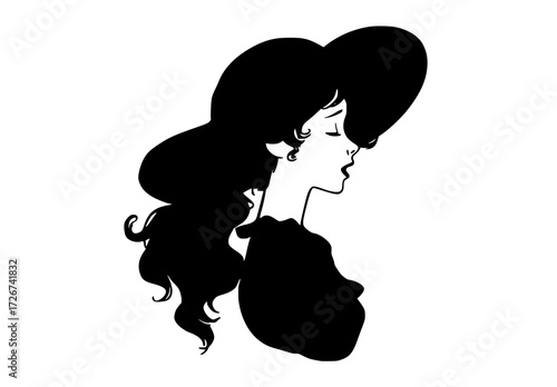 a silhouette of a woman with large, voluminous hair, depicted in profilebeautiful, black, catch, cigarette, cosmetic, girl, hair, illustration, profile, woman 