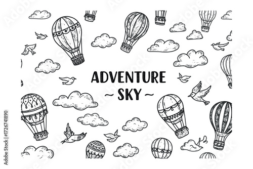Hot air balloon adventure in the sky artistic of airborne journeys with clouds and birds. Vector illustration