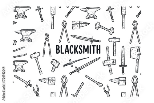 Blacksmith tools and equipment workshop artistic top-down view craftsmanship and metalworking. Vector illustration
