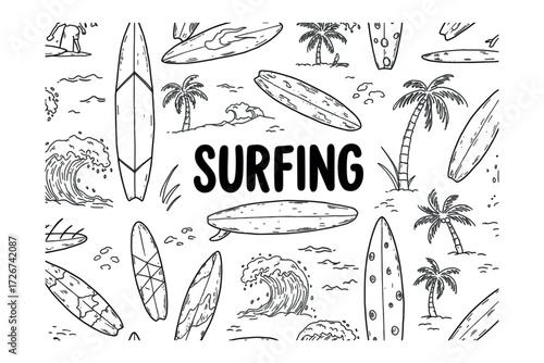 Surfing adventure in tropical paradise sketch style vibrant beach environment creative viewpoint. Vector illustration
