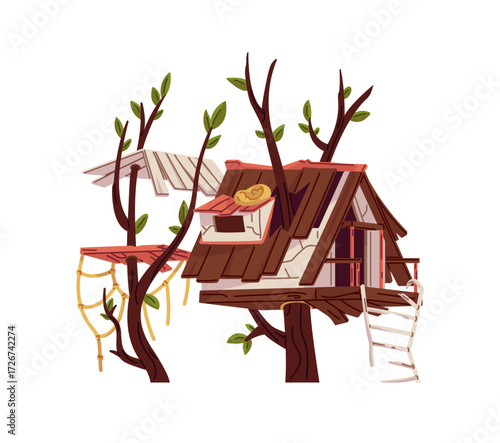 Destroyed kids tree house. Abandoned damaged treehouse. Broken children cabin, old shattered building. Dilapidated, collapsed childish home. Flat isolated vector illustration on white background