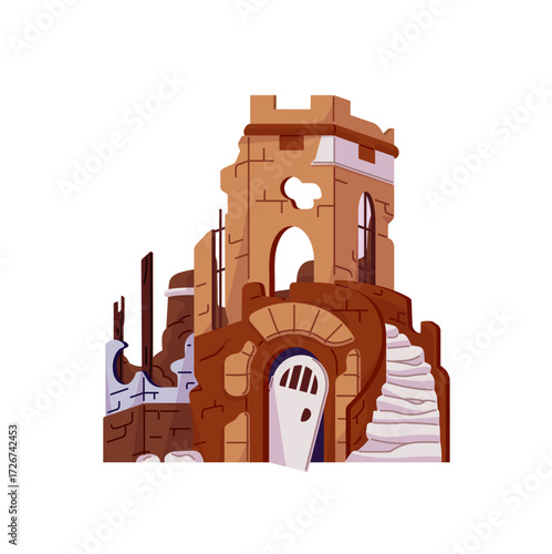 Damaged ruins of ancient castle. Old destroyed rubble tower. Dilapidated stone building, broken house after war, natural disaster, catastrophe. Flat isolated vector illustration on white background