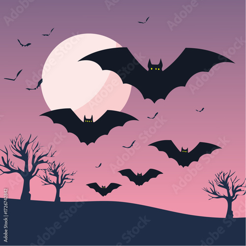 Silhouettes of a colony of bats flying across a purple twilight sky with a large full moon, a classic spooky Halloween vector illustration