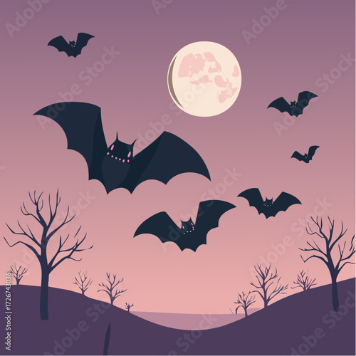 Spooky Halloween night with bats flying under a full moon in a spooky landscape
