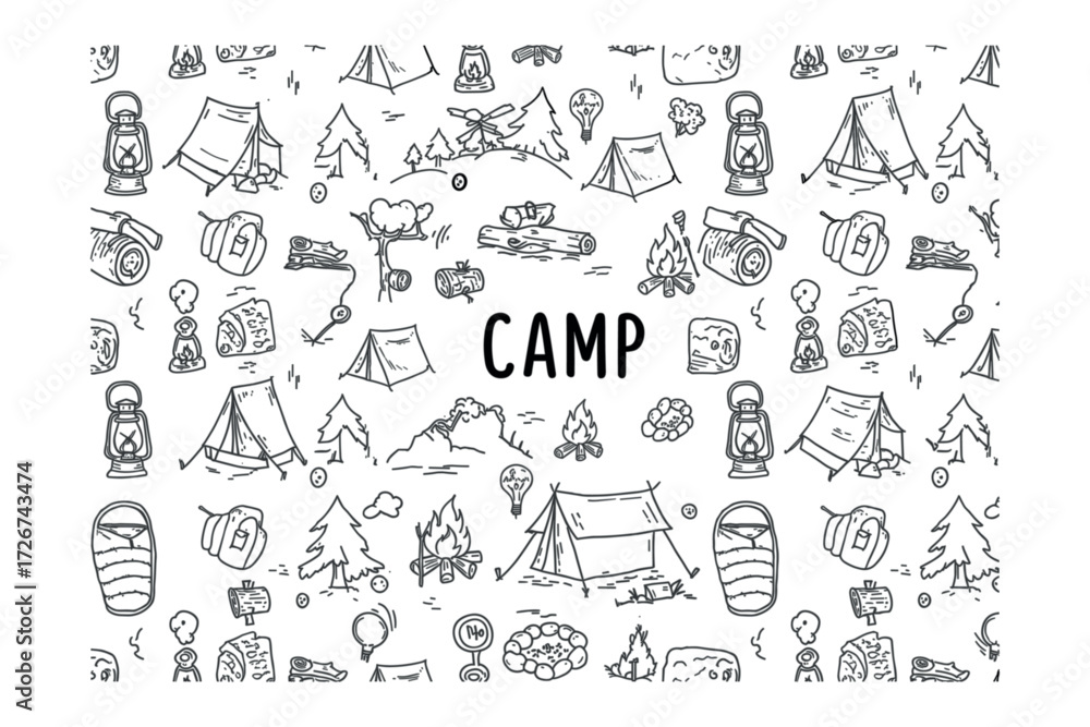 Obraz premium Camping activities and essentials scenic outdoor setting creative nature background playful style. Vector illustration