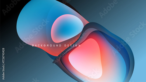 Abstract flowing shapes, vibrant colors blend. Blue, pink, orange gradients create dynamic visual effect. Dark background emphasizes form.