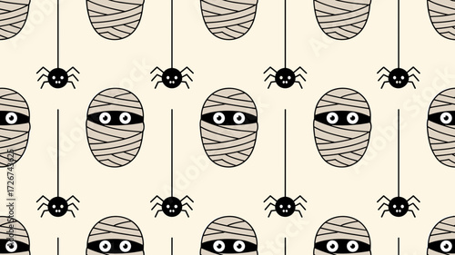 Halloween-themed seamless pattern with cute mummies and spiders  