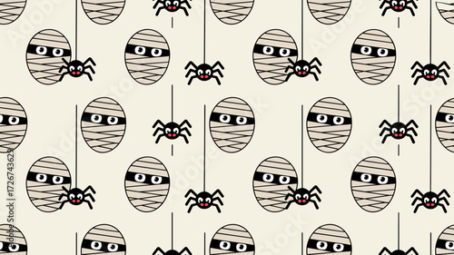 Adorable baby mummies and spiders in Halloween-themed seamless pattern  