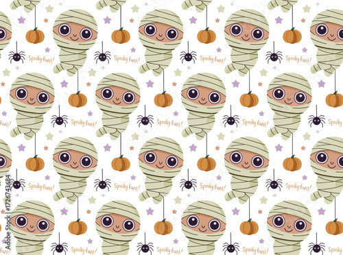 Cute cartoon mummies and pumpkins in Halloween-themed seamless pattern  