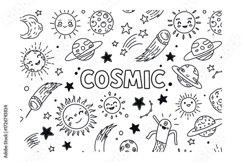 Cosmic adventure space-themed creative environment fun concept whimsical. Vector illustration