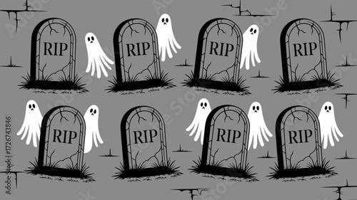 Halloween-themed seamless pattern with tombstones and ghosts  
