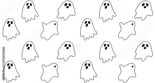 Seamless pattern of playful ghosts in black and white for Halloween  