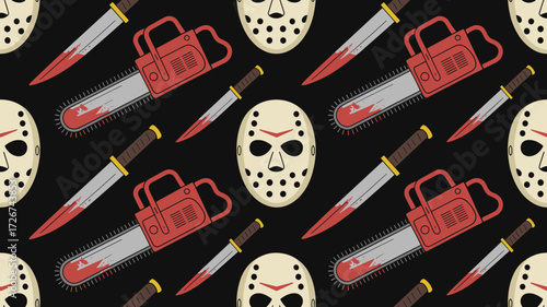 Halloween-themed seamless pattern featuring horror icons and tools  