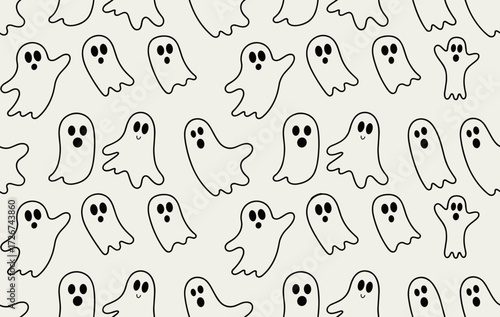 Halloween-themed seamless pattern featuring cute hand-drawn ghosts  