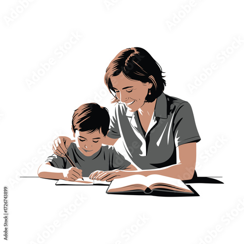 Tutor or mother helping child with homework and studies at the table