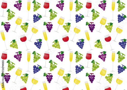 水彩風 ワイングラスと葡萄パターン Cheers in Watercolor Series:Wine Glass And Grape Pattern