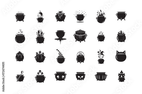 Collection of twenty four cauldron silhouettes vector for Halloween
