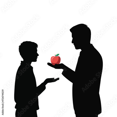 A generous man presents an apple to a young boy in silhouette
