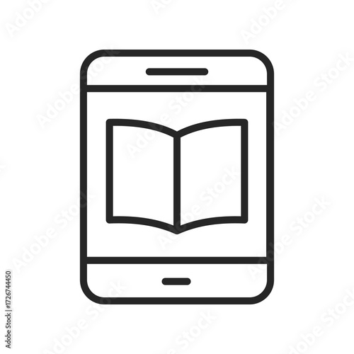 Clean vector line icon of a tablet displaying an open book, ideal for concepts like digital reading, e-learning, or mobile knowledge tools