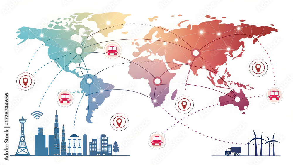 Fototapeta premium Global supply chain and logistics network concept, world map with technology icons, transportation routes, renewable energy, and industrial connections, ideal for trade, shipping, and smart city
