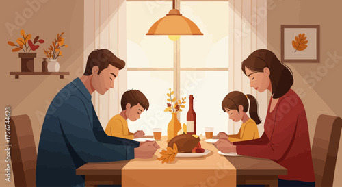 A happy family of four, consisting of a father, mother, and two children, shares a heartfelt moment of gratitude at their dining table during Thanksgiving. 