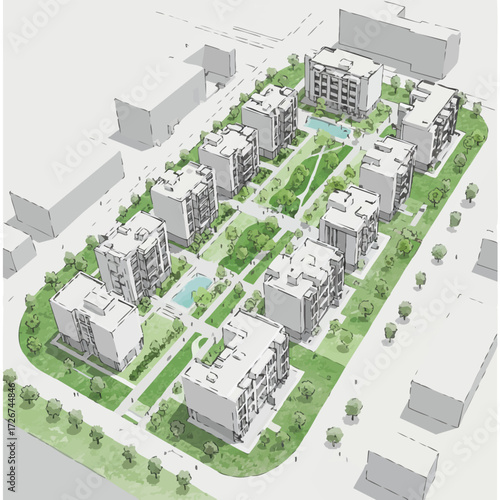 Aerial architectural rendering of a modern residential complex, showcasing apartment buildings, green spaces, and pools, emphasizing thoughtful urban planning and design.