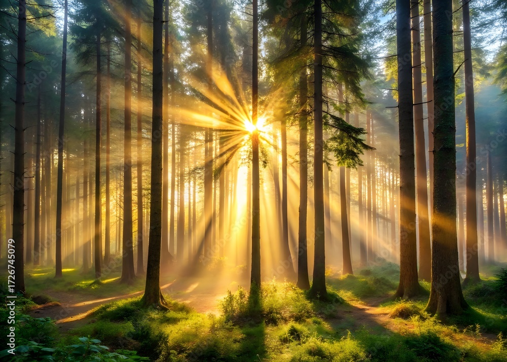 Obraz premium Sunbeams stream through a lush green forest at sunrise