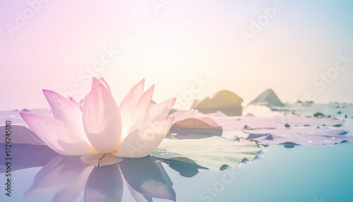 柔らかな朝の光に浮かぶ蓮の花と水面の幻想的な風景