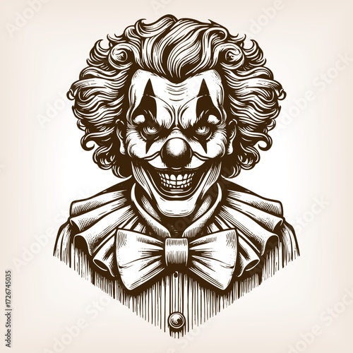 clown face with curly hair, exaggerated makeup, and a ruffled collar in retro engraving style sketch engraving generative ai vector illustration. Scratch board imitation. Black and white image.