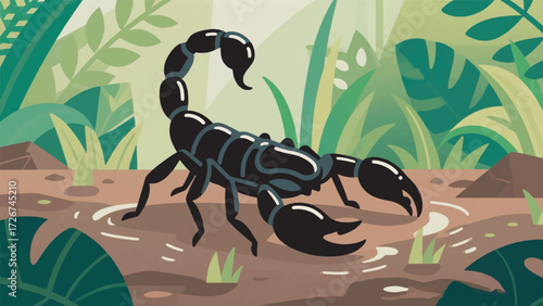 Illustration Of A Large, Shiny Black Emperor Scorpion Crawling On Damp Ground With Lush Foliage Vector Design Template