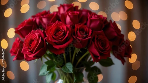 Elegant bouquet of red roses in vase with soft bokeh background  