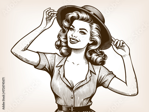 cheerful woman in classic retro style, smiling brightly while adjusting her wide-brimmed hat, sketch engraving generative ai fictional character vector illustration. Scratch board imitation. 