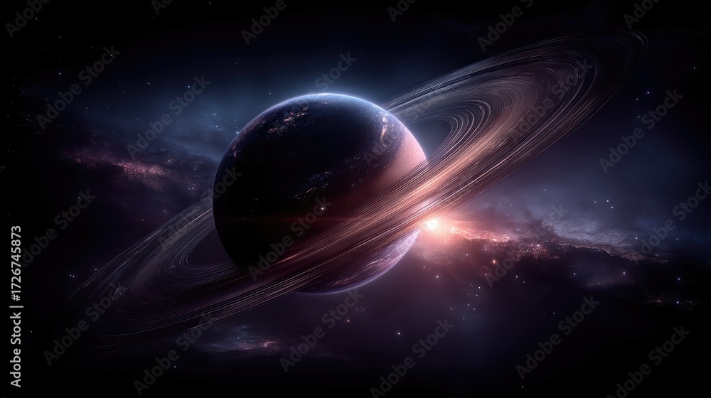 Obraz premium A distant planet with distinctive rings floats amidst a sparkling cosmic environment filled with glowing particles and vibrant colors