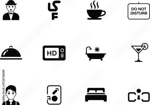 Set of hotel service icons representing hospitality and amenities for guests
