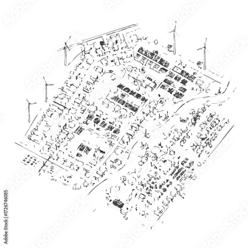 A detailed hand-drawn architectural sketch envisions a sustainable urban community, featuring eco-friendly buildings, solar panels, and wind turbines for a greener future.