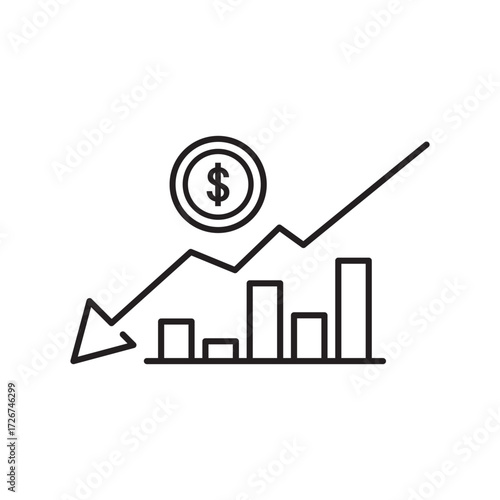financial risk icon, benefit reduce dollar, reduction cost, thin line web symbol on white background - editable stroke vector illustration eps10