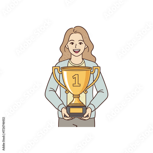 A successful businesswoman or employee holding a first place trophy. Vector illustration of a character celebrating an achievement or award.