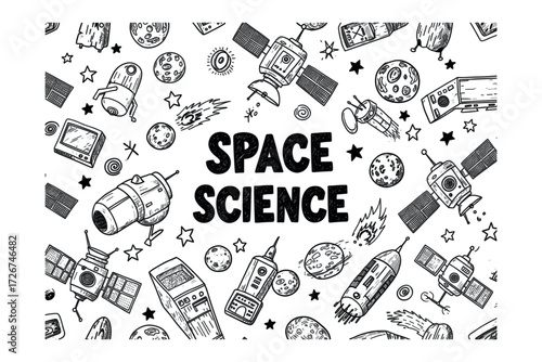 Exploring space science innovative technologies celestial bodies graphic design outer space creative concept. Vector illustration