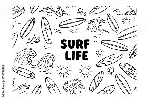 Surfing waves action beach location graphic design content sunny environment aerial viewpoint surf life concept. Vector illustration