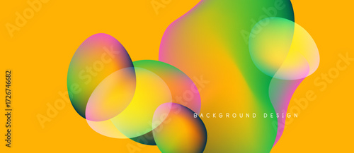 Vibrant fluid shapes overlap, creating colorful abstract composition. Yellow background enhances visual impact. Modern design element.