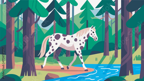 Illustration Of A Unique Spotted Appaloosa Horse Walking In A Pine Forest With A Small Stream Vector Design Template